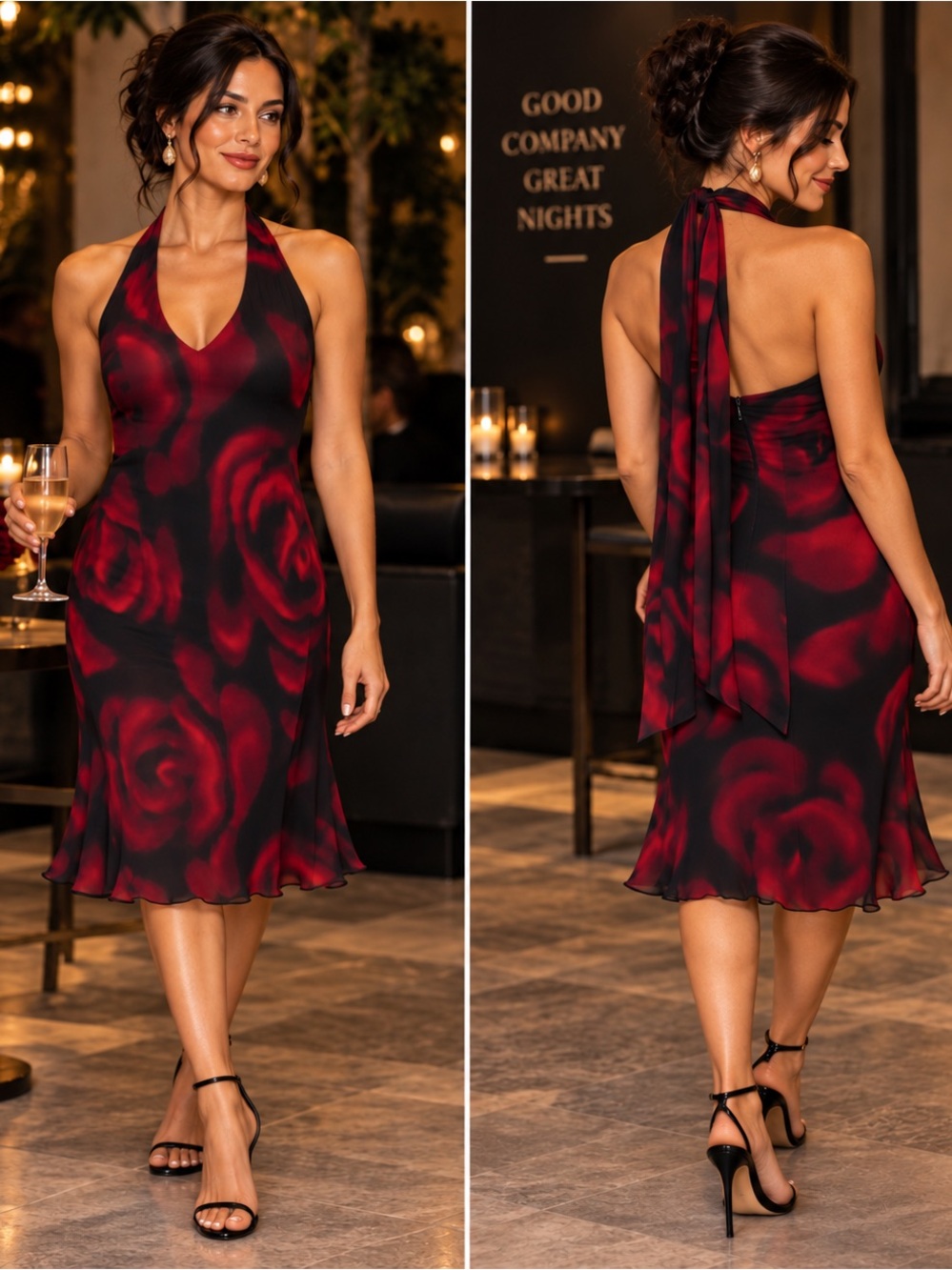 Express Black & Red Rose Halter Cocktail Dress – Size 6